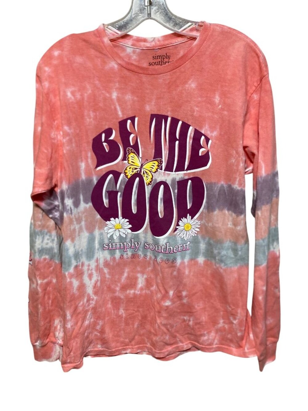 Simply Southern Womens Tie-Dye Long-Sleeve Tee "Be The Good" Butterfly Print M C